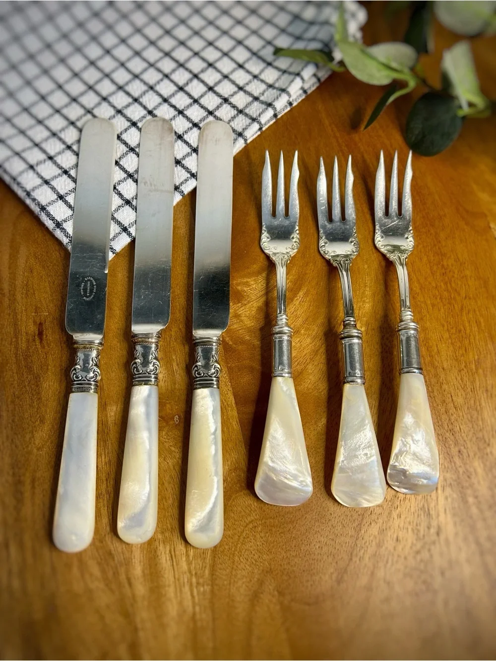 Antique Mother of Pearl Dessert Set | Sterling Silver Sheffield Knives Forks